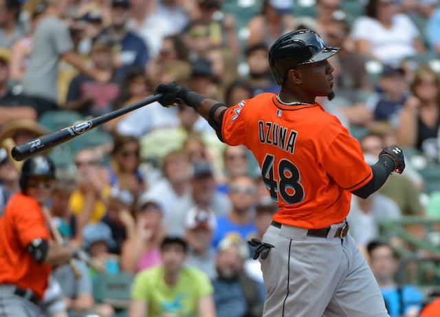 Jul 21, 2013; Milwaukee, WI, USA;  Miami Marlins right fielder Marcell Ozuna during the game against the Milwaukee Brewers at Miller Park. Mandatory Credit: Benny Sieu-USA TODAY Sports